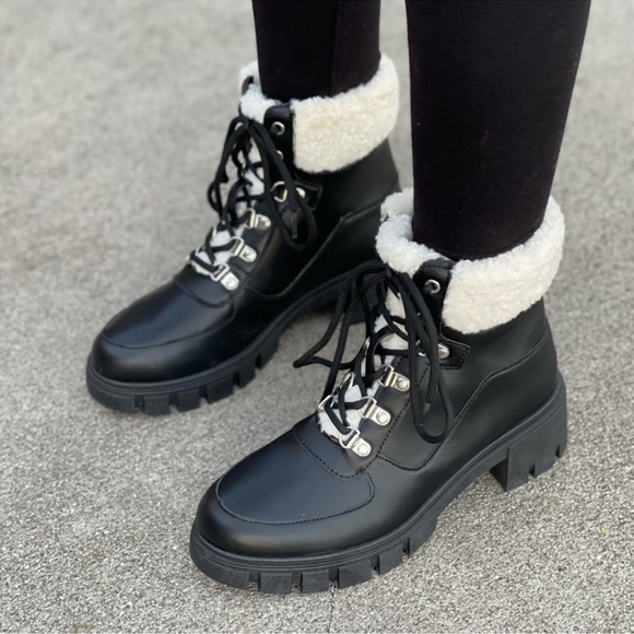 Taupe Lace-up Combat boot with faux fur ankle cuff - Picture 10 of 10
